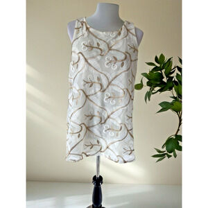 Charter Club Woman's Embroidered Sleeveless Whit Gold Floral‎ Lace Tank Top ( L)